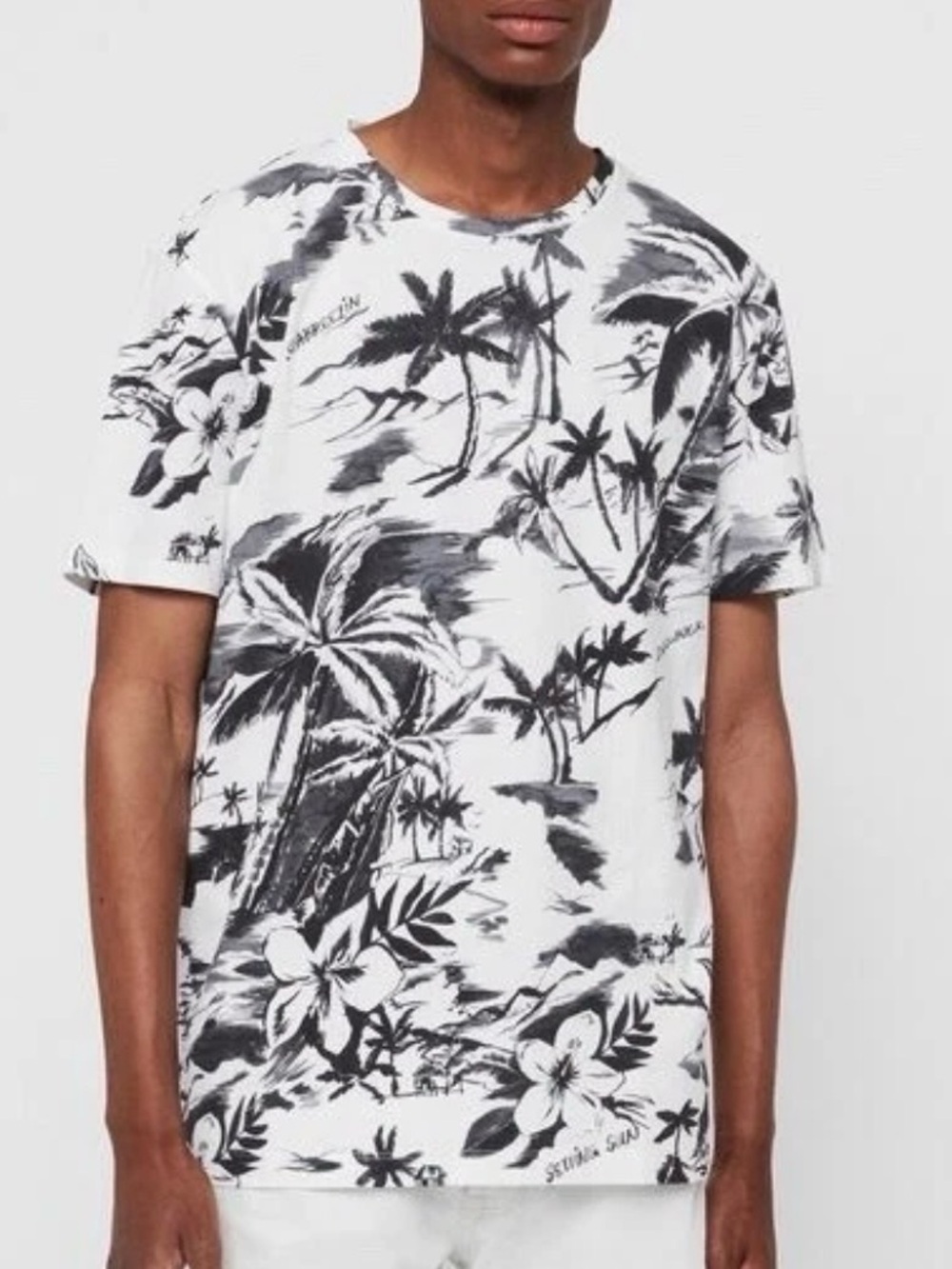 AllSaints Offshore Crew T-Shirt Tropical Palm Graphic White Black L